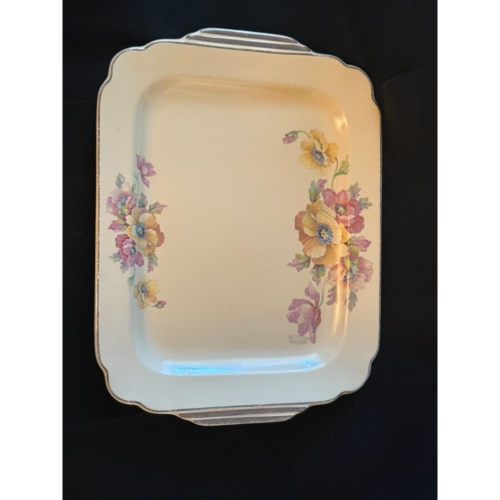 Wells Homer Laughlin 13 x 10 PLATTER Century Shape Yellow Pink Flowers Art Deco
